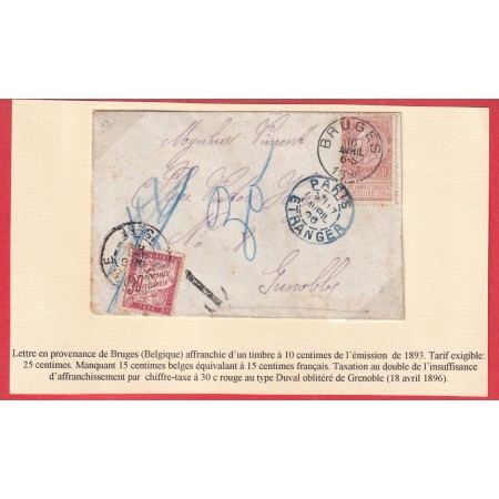 BRUGES BELGIQUE 1895 PARIS ETRANGER TAXE A 30C TYPE DUVAL GRENOBLE ISERE