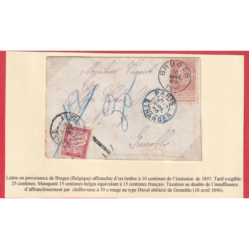 BRUGES BELGIQUE 1895 PARIS ETRANGER TAXE A 30C TYPE DUVAL GRENOBLE ISERE