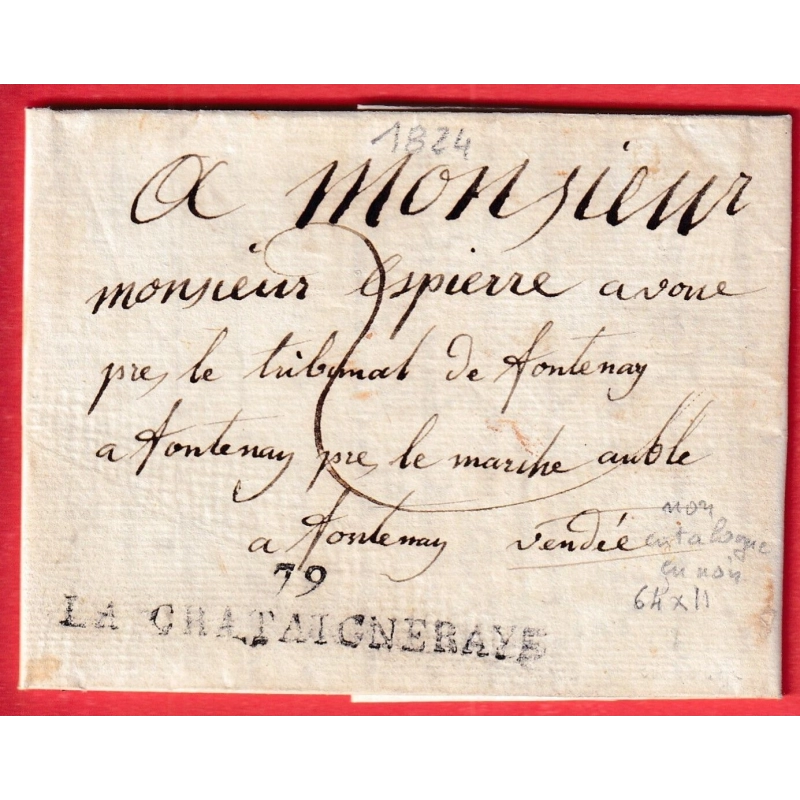 MARQUE 79 LA CHATAIGNERAYE VENDEE 1824 64X11 EN NOIR NON SIGNALE PAR POTHION EN NOIR POUR FONTENAY CHATAIGNERAIE