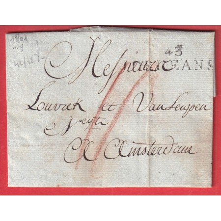 MARQUE 43 ORLEANS LOIRET 1801 POUR AMSTERDAM HOLLANDE PAYS BAS