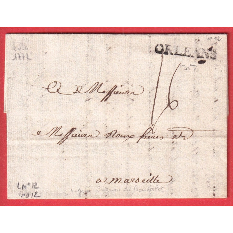 MARQUE 43 ORLEANS LOIRET 1772 LN°12 INDICE 12 POUR MARSEILLE