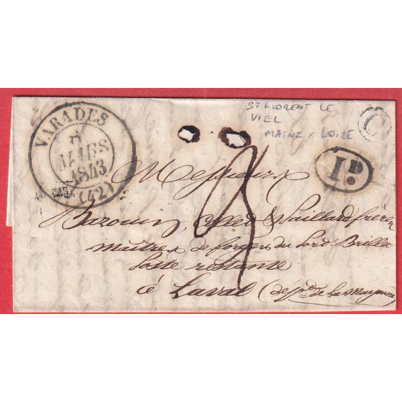 CAD TYPE 13 VARADES LOIRE INFERIEURE BOITE RURALE C + DECIME RURAL ST FLORENT LE VIEL MAINE ET LOIRE 1843 LAVAL