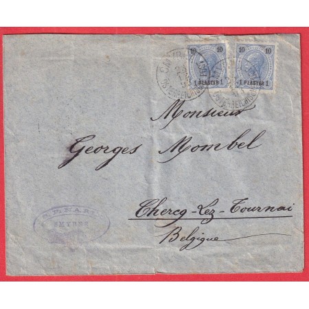 AUTRICHE LEVANT AUTRICHIEN SMYRNE TURQUIE TURKEY OSTERREICHISCHE POST POUR CHRECQ LEZ TOURNAI BELGIQUE 1893