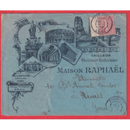 N°129 SUR ENVELOPPE ILLUSTREE FIRMINY LOIRE 1906 MAISON RAPHAEL TAILLEUR A NIMES GARD