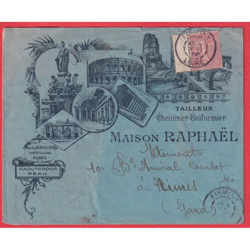 N°129 SUR ENVELOPPE ILLUSTREE FIRMINY LOIRE 1906 MAISON RAPHAEL TAILLEUR A NIMES GARD