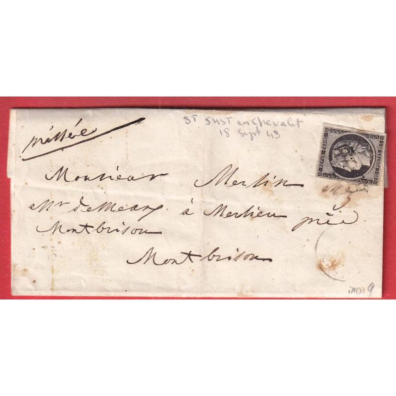 N°3 NOIR SUR BLANC GRILLE DE ST JUST EN CHEVALET POUR MONTBRISON 18 SEPTEMDRE 1849 LOIRE INDICE 19