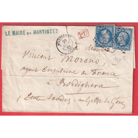 N°14B X2 PC 1904 MARTIGUES BOUCHES DU RHONE POUR BORDIGHERA ITALIE ITALIA GRIFFE LE MAIRE DE MARTIGUES DOS CACHET MAIRIE