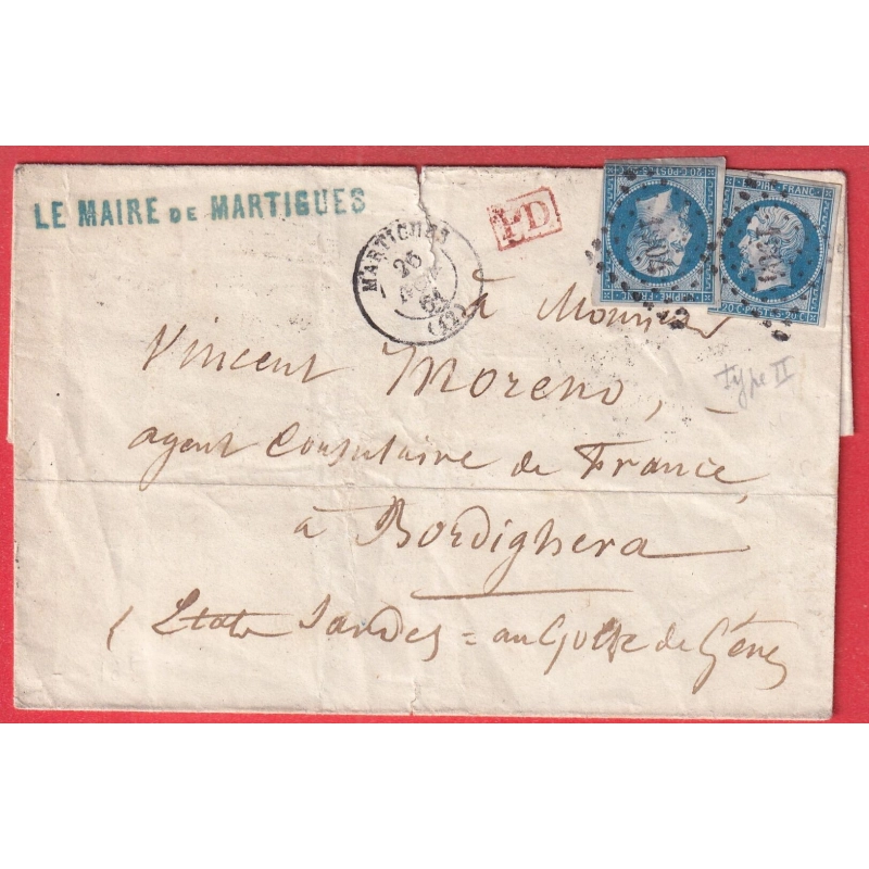 N°14B X2 PC 1904 MARTIGUES BOUCHES DU RHONE POUR BORDIGHERA ITALIE ITALIA GRIFFE LE MAIRE DE MARTIGUES DOS CACHET MAIRIE