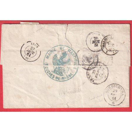 N°14B X2 PC 1904 MARTIGUES BOUCHES DU RHONE POUR BORDIGHERA ITALIE ITALIA GRIFFE LE MAIRE DE MARTIGUES DOS CACHET MAIRIE