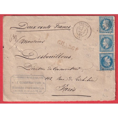 N°29 PAIRE +UN GC 4034 TROYES AUBE LETTRE CHARGE POUR PARIS 1869