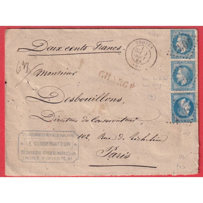 N°29 PAIRE +UN GC 4034 TROYES AUBE LETTRE CHARGE POUR PARIS 1869