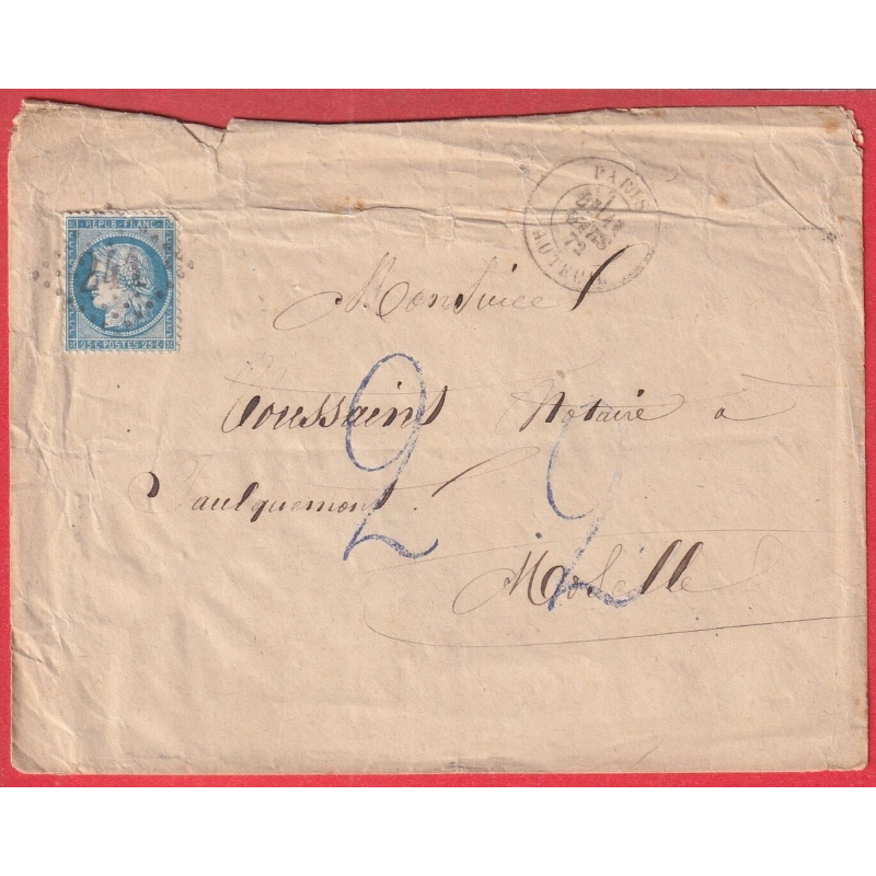 N°60 GC 241 PARIS AUTEUIL 1872 TAXE ALLEMANDE 2 EN BLEU FAULQUEMONT MOSELLE