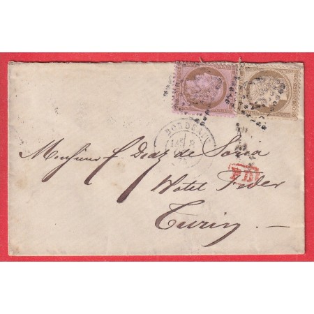 N°56 58 GC 532 BORDEAUX POUR TURIN ITALIE ITALIA 1875 VIA PARIS ETRANGER