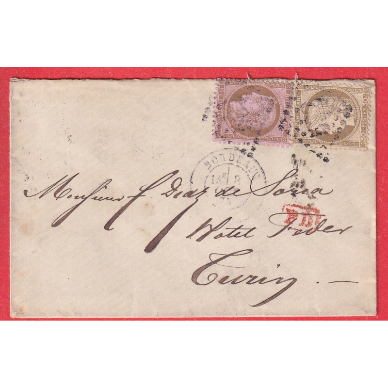 N°56 58 GC 532 BORDEAUX POUR TURIN ITALIE ITALIA 1875 VIA PARIS ETRANGER