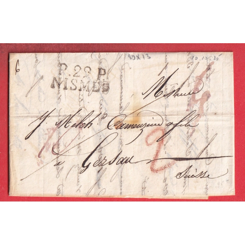 MARQUE P29P NIMES GARD 1825 POUR GERSAU SUISSE TAXE ROUGE SUISSE