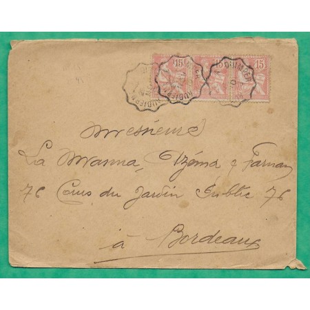 N°125 MOUCHON BANDE DE 3 CONVOYEUR LIGNE AUDIERNE A QUIMPER TRIPLE PORT POUR BORDEAUX GIRONDE 1903 LETTRE COVER FRANCE