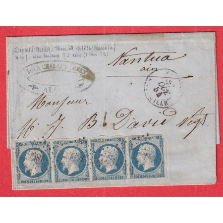 N°14 BLEU LAITEUX BANDE DE 4 CAD ALGER MARSEILLE MARITIME INDICE 21 AVEC PC NANTUA AIN 1854