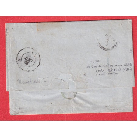 N°14 BLEU LAITEUX BANDE DE 4 CAD ALGER MARSEILLE MARITIME INDICE 21 AVEC PC NANTUA AIN 1854