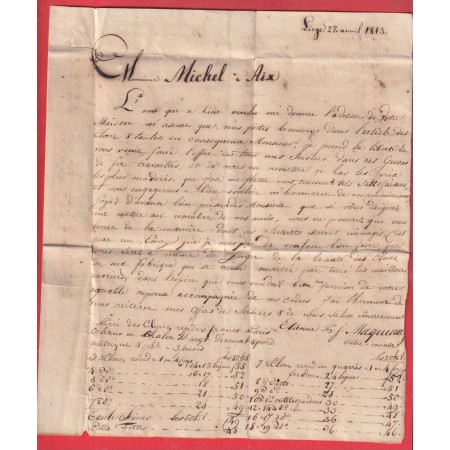 MARQUE CONQUIS 96 LIEGE BELGIQUE 1813 POUR AIX EN PROVENCE BOUCHES DU RHONE