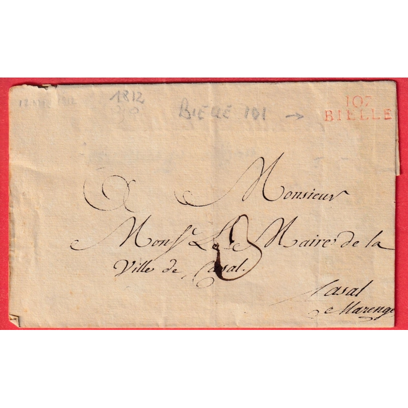 MARQUE CONQUIS 107 BIELLE BIELLA ITALIE ITALIA 1812 POUR CASAL TEXTE INCOMPLET MAIRIE EMPIRE FRANCAIS