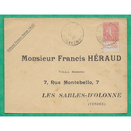 N°199 SEMEUSE AVEC BANDE PUBLICITAIRE LAME LE COQ CAD ST LOUIS BOUCHES DU RHONE POUR LES SABLES D'OLONNE VENDEE 1929