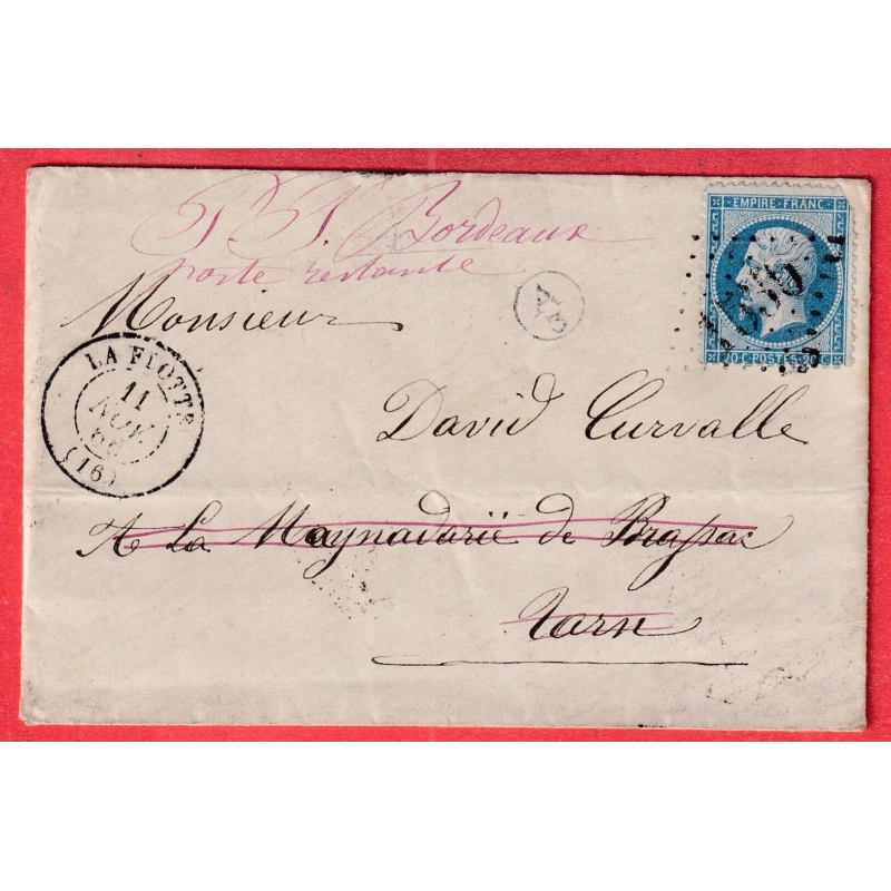 N°22 GC 1530 LA FLOTTE CHARENTE INFERIEURE BOITE RURALE SUPPLEMENTAIRE A/3 STE MARIE EN RE  BRASSAC TARN REEXP BORDEAUX