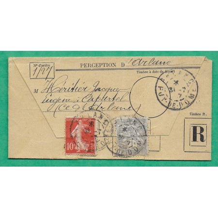 N°107 + 135 MIXTE BLANC SEMEUSE TARIF 11C IMPRIME RECOMMANDE PERCEPTION D'ARLANC PUY DE DOME 1907 LETTRE COVER FRANCE