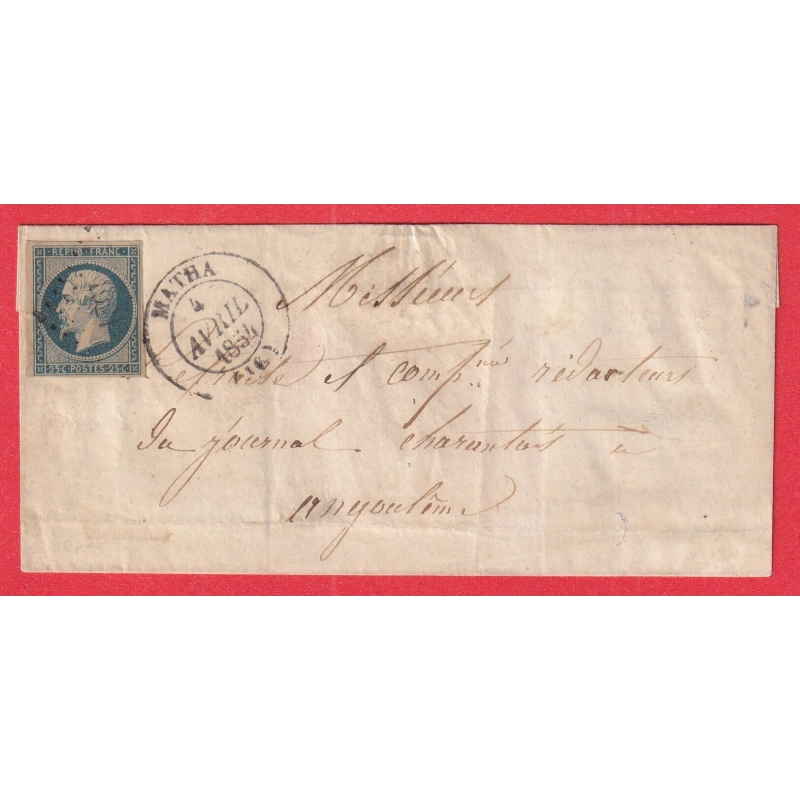 N°10b BLEU TERNE PC 1921 MATHA CAD TYPE 14 CHARENTE INFERIEURE MARITIME POUR ANGOULEME