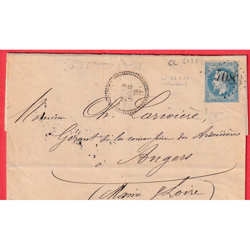 N°29 GC 4088 VALLENAY CHER CAD TYPE 23 POUR ANGERS MAINE ET LOIRE INDICE 16
