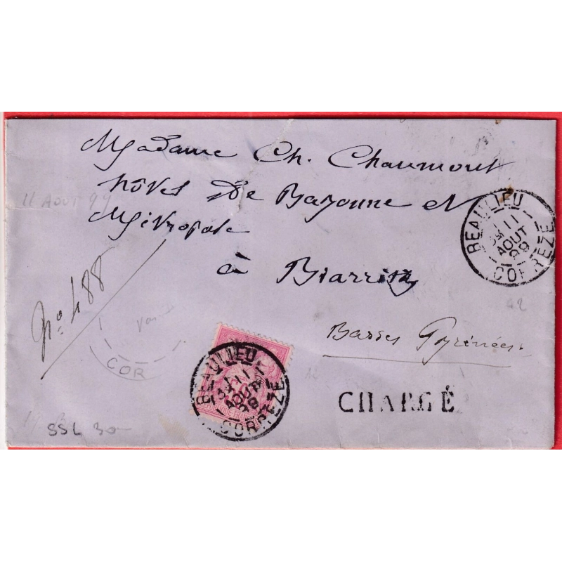 N°98 SEUL SUR LETTRE CHARGE BEAULIEU CORREZE BIARRITZ BASSES PYRENEES