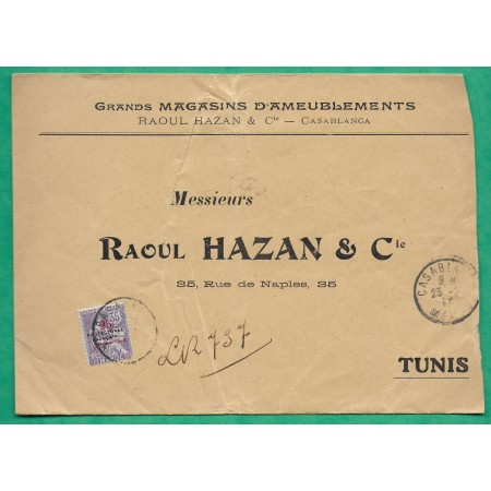 35C MOUCHON RETOUCHE SURCHARGE PROTECTORAT FRANCAIS MAROC LETTRE MAGASINS AMEUBLEMENTS CASABLANCA POUR TUNIS 1915