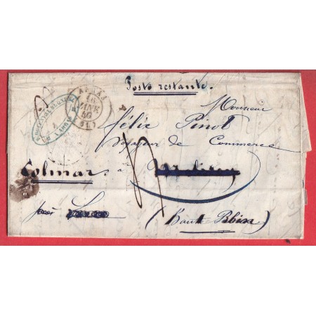 CAD TYPE 15 ARRAS DU 16 JANVIER 1849 PAS DE CALAIS POUR COLMAR HAUT RHIN POSTE RESTANTE