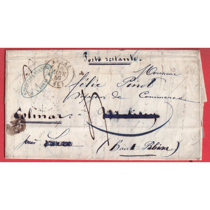 CAD TYPE 15 ARRAS DU 16 JANVIER 1849 PAS DE CALAIS POUR COLMAR HAUT RHIN POSTE RESTANTE