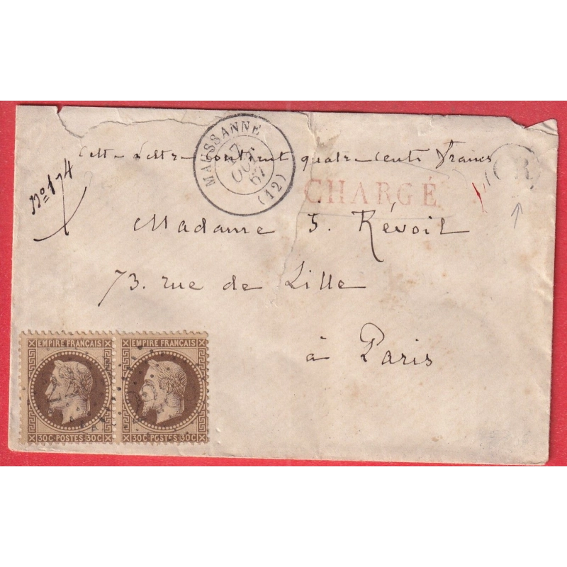 N°30 PAIRE GC 2283 MAUSSANNE BOUCHES DU RHONE LETTRE CHARGEE 1867 POUR PARIS OR NON IDENTIFIE