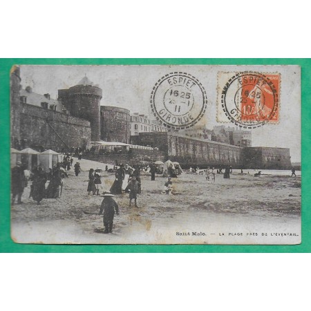 N°138 BDF SEMEUSE CAD FB84 ESPIET GIRONDE CARTE POSTALE PLAGE SAINT MALO ILLE ET VILAINE POUR BORDEAUX 1911 COVER FRANCE