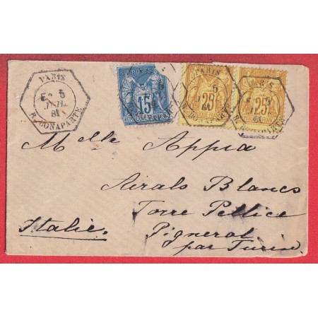 N°90 92 PAIRE LEVEE EXCEPTIONNELLE PARIS E2 R BONAPARTE POUR PIGNEROL ITALIE DEPART 7 JUILLET 1881 ARRIVEE 7 JUILLET