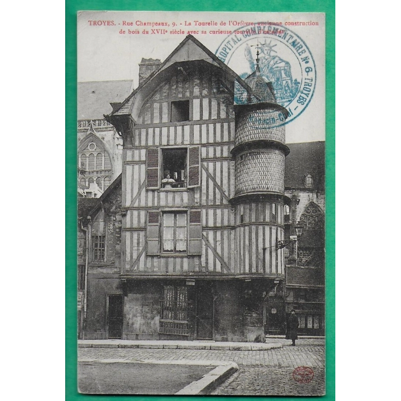 FRANCHISE MILITAIRE HOPITAL COMPLEMENTAIRE N°6 TROYES + GRIFFE CORPS D'ARMEE TEMPORAIRE N°5 CP POUR MONTBRISON 1916 WW1