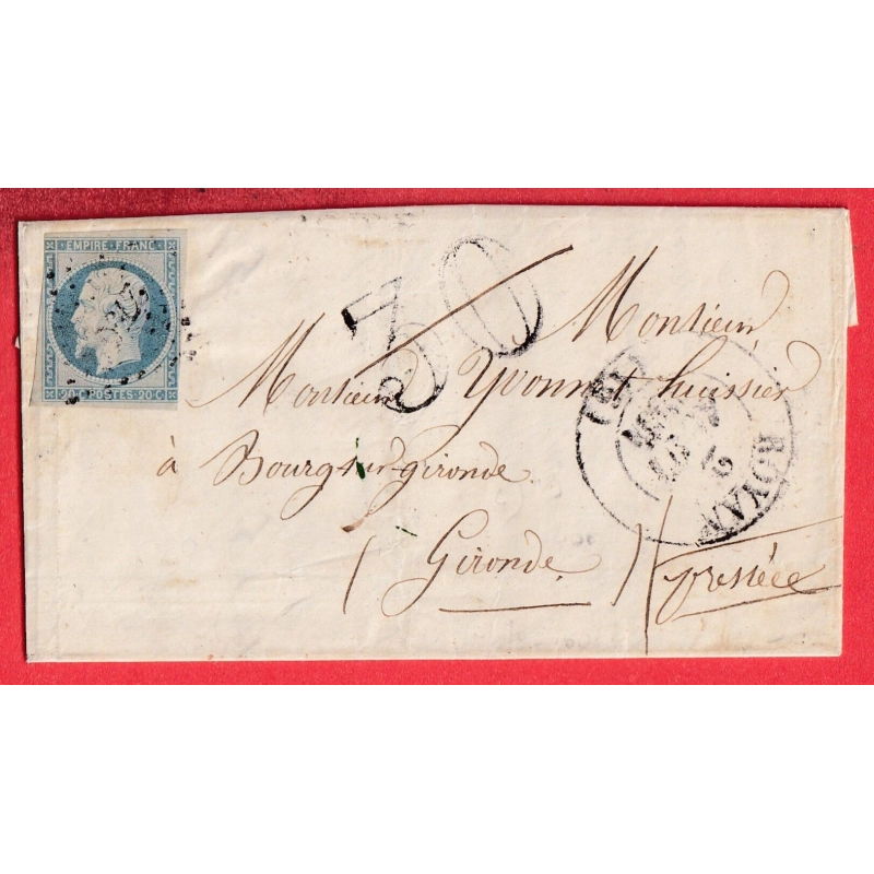 N°14 CAD TYPE 13 ROYAN CHARENTE INFERIEURE TAXE 30 ANNULE BOURG SUR GIRONDE 1854 INDICE 16 2 AOUT 1854