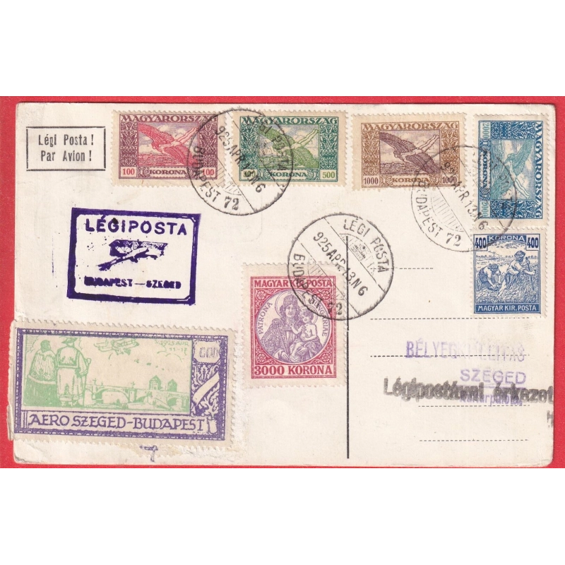 HONGRIE HUNGARY LEGIPOSTA POSTE AERIENNE BUDAPEST 1925 PAR AVION SZEGED 1ER VOL VIGNETTE