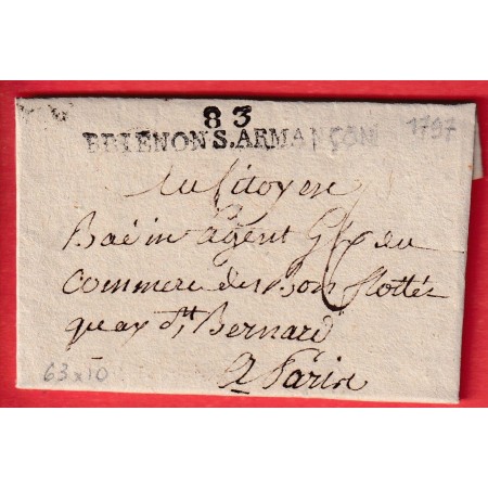 MARQUE 83 BRIENON SUR ARMANCON YONNE 1797 63X10 POUR PARIS INDICE 15