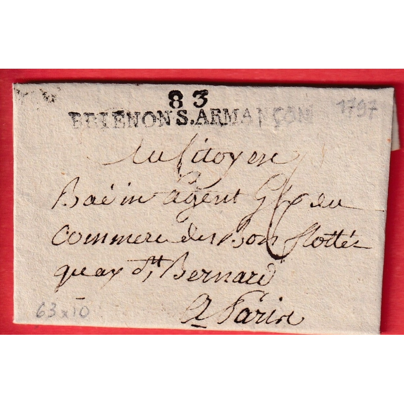 MARQUE 83 BRIENON SUR ARMANCON YONNE 1797 63X10 POUR PARIS INDICE 15