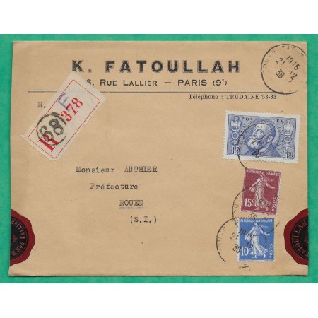 N°189 + 279 + 319 MIXTE SEMEUSE JEAN JAURES RECOMMANDE PARIS POUR ROUEN SEINE INFERIEURE 1936 LETTRE COVER FRANCE