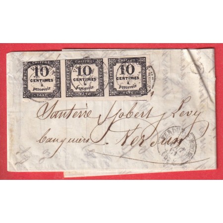 TIMBRES TAXE N°2 BANDE DE 3 VERDUN SUR MEUSE 1861 POUR VERDUN TRIPLE PORT RARE