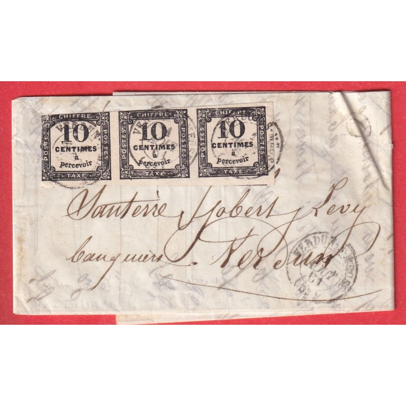 TIMBRES TAXE N°2 BANDE DE 3 VERDUN SUR MEUSE 1861 POUR VERDUN TRIPLE PORT RARE