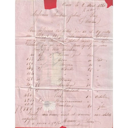 TIMBRES TAXE N°2 BANDE DE 3 VERDUN SUR MEUSE 1861 POUR VERDUN TRIPLE PORT RARE