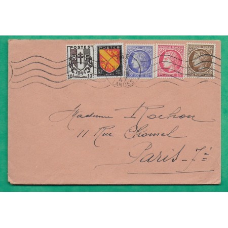 N°670 + 674 + 676 + 681 + 756 BEL AFFRANCHISSEMENT CHAINE CERES MAZELIN BLASON DAX LANDES POUR PARIS 1947 COVER FRANCE