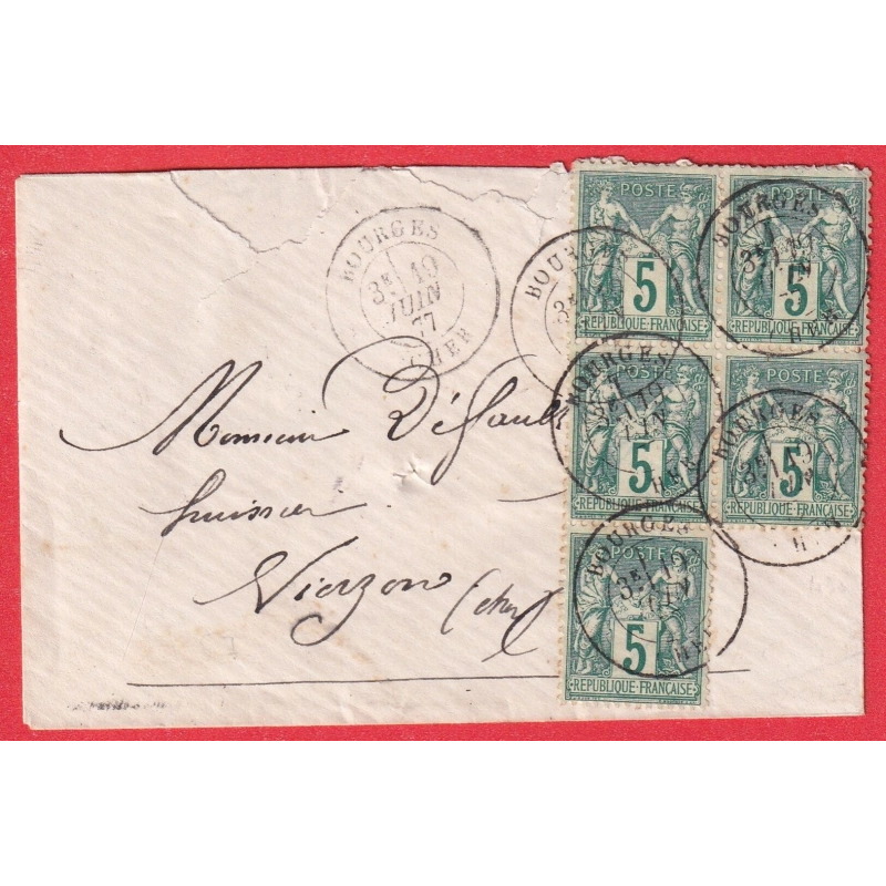 N°75 BLOC DE 5 BOURGES CHER 1877 POUR VIERZON