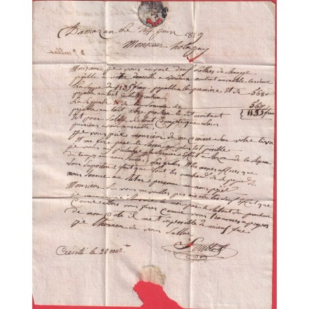DOUBLE CURSIVE 45 DAMAZAN AIGUILLON LOT ET GARONNE POUR BORDEAUX 1819 DANS LES PREMIERES DATES DES CURSIVES INDICE 18