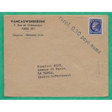 N°674 CERES MAZELIN PREOBLITERE + GRIFFE SUPPLEMENT 0.30C PAYE NUME PARIS POUR LA BAULE + CARTE PARIS VERSO COVER FRANCE