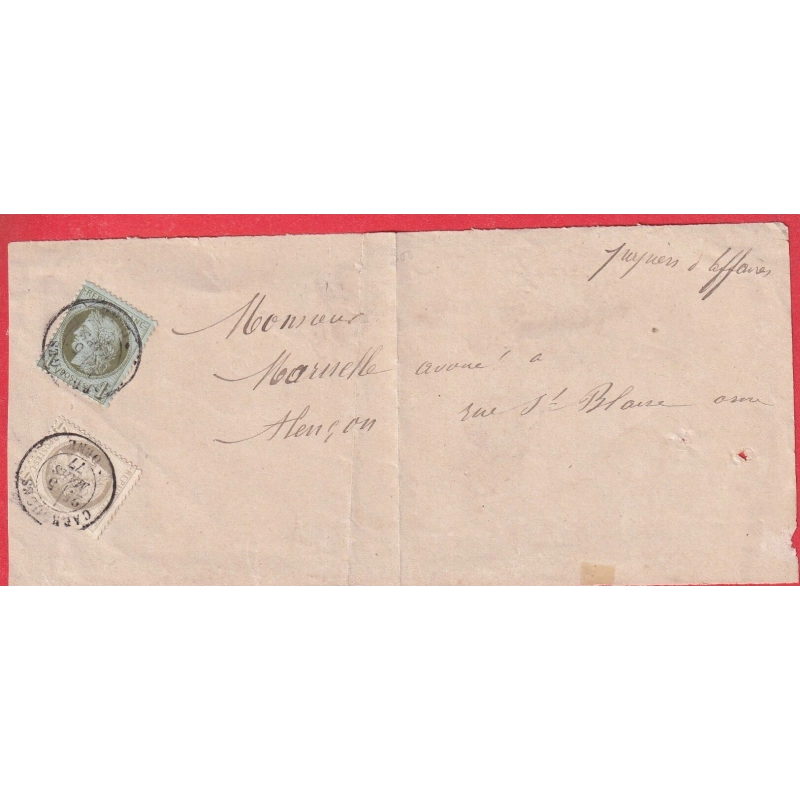 N°50 + 52 CAD TYPE 18 CARROUGES ORNE POUR ALENCON DEVANT DE BANDE TARIF PAPIERS AFFAIRE